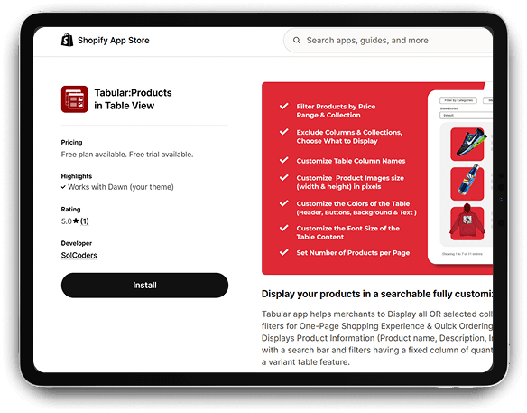 Tabular app features displayed on the Shopify App Store.