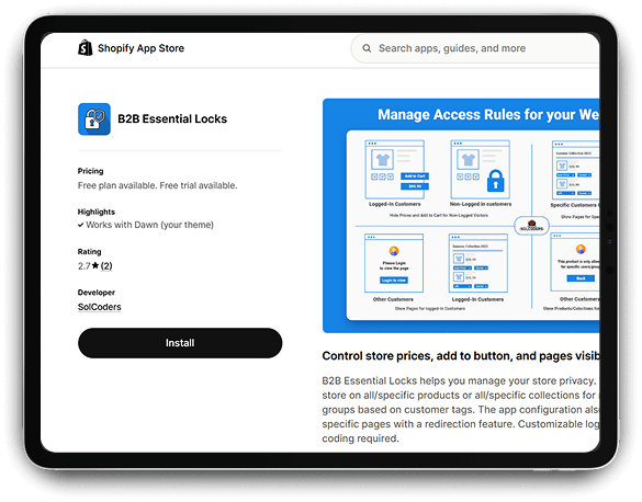 B2B Essential Locks app displayed as part of the Shopify app approval process