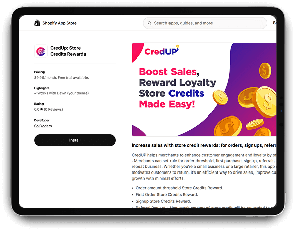 CredUP: Store Credits Rewards app page on the Shopify App Store