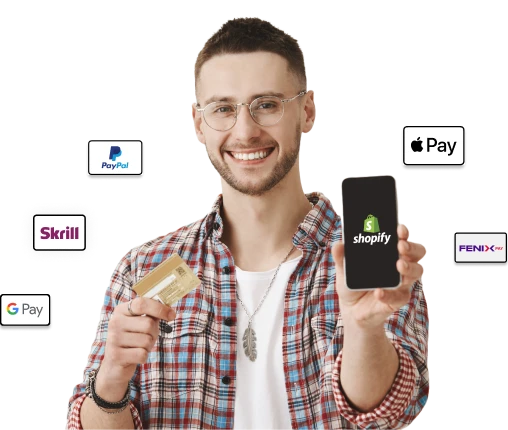 Person holding phone showing Shopify payments